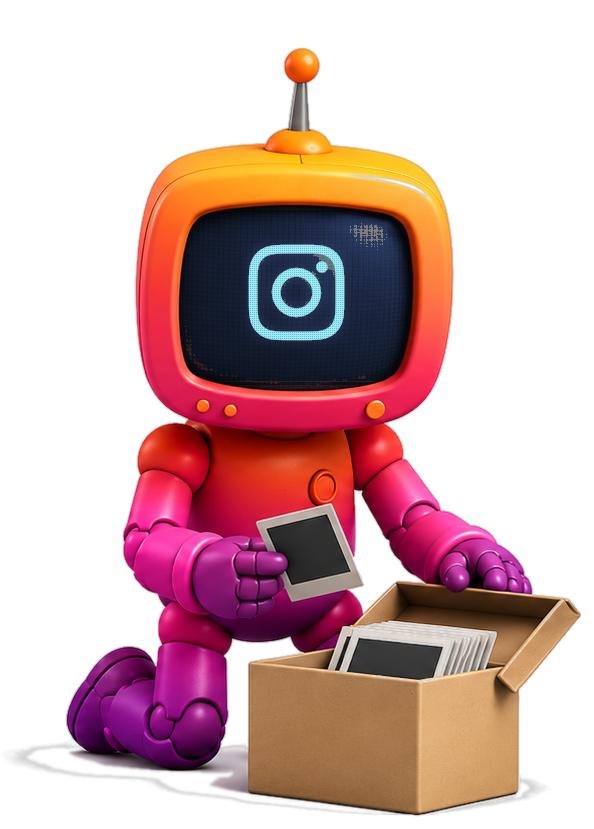 Vee, in Instagram colours, filing saved posts into a box